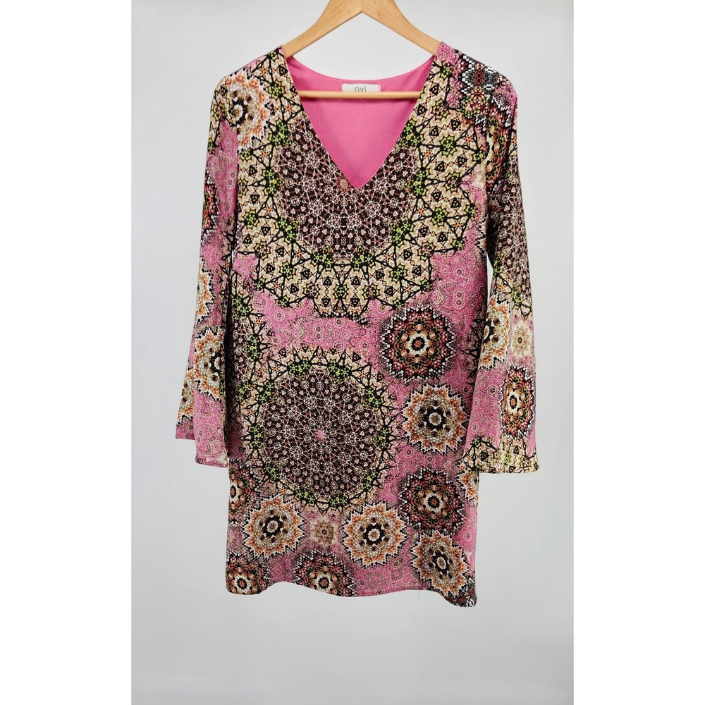 OVI Womens Pink Kaleidoscope Mandala V-Neck Bell Sleeve Shift Dress Retro 70s MD